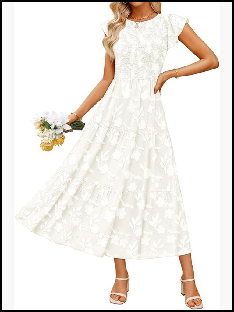 Boho Floral Midi Dress With Flutter Sleeves Smocked Back Keyhole